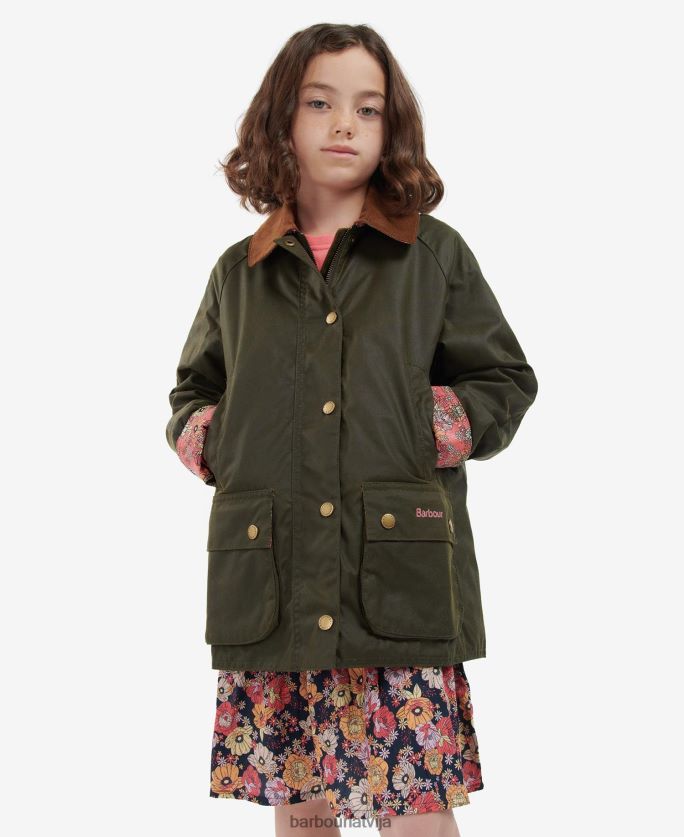 Barbour meitenes ozolzīles vaskota jaka P8J88A2542 apģērbs arhīvs olīvu/retro ziedu