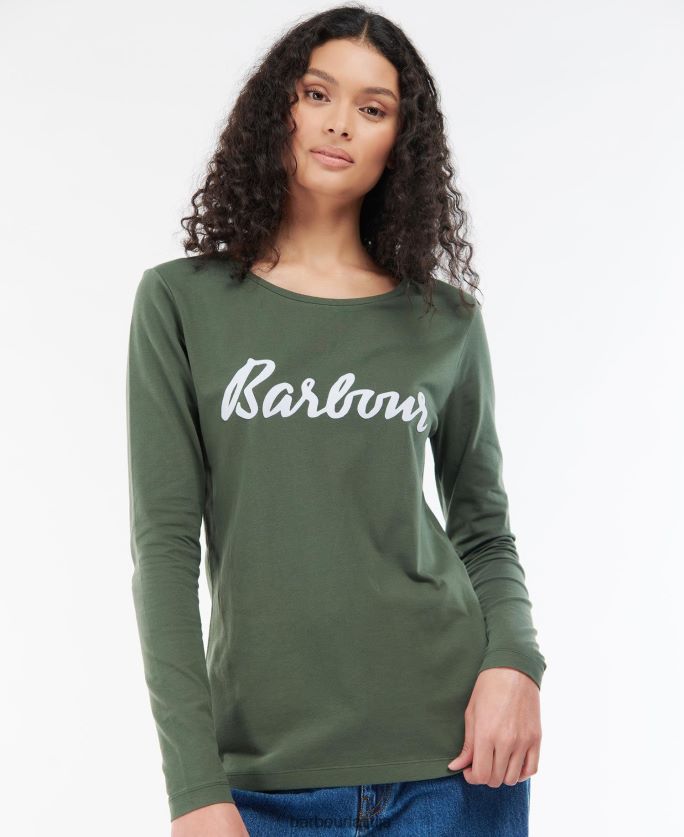 Barbour sievietes otterburn t-krekls ar garām piedurknēm P8J88A1749 apģērbs olīvu/balts