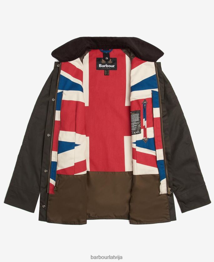Barbour sievietes ierobežota izdevuma union jack beadnell vaska jaka P8J88A1366 apģērbs olīvu