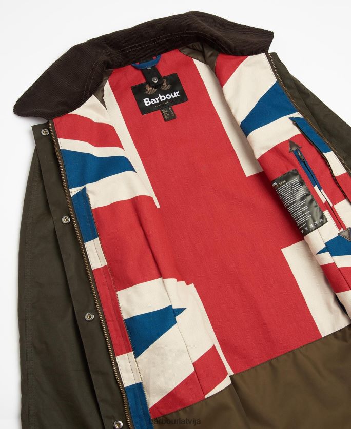 Barbour sievietes ierobežota izdevuma union jack beadnell vaska jaka P8J88A1366 apģērbs olīvu