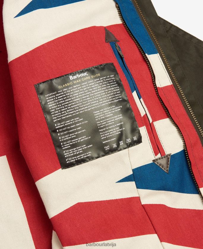 Barbour sievietes ierobežota izdevuma union jack beadnell vaska jaka P8J88A1366 apģērbs olīvu