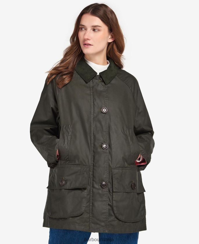 Barbour sievietes sāls vaskota jaka P8J88A1379 apģērbs arhīvs olīvu/rozā punš