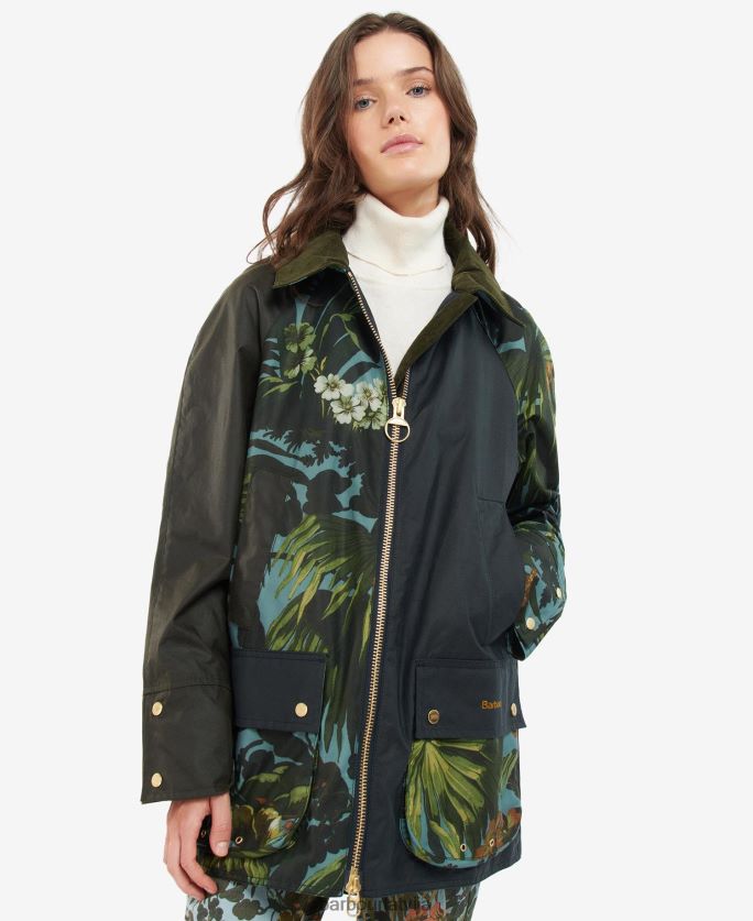 Barbour x House of Hackney sievietes roktura vaska jaka P8J88A1384 apģērbs limerence / debesis / flote